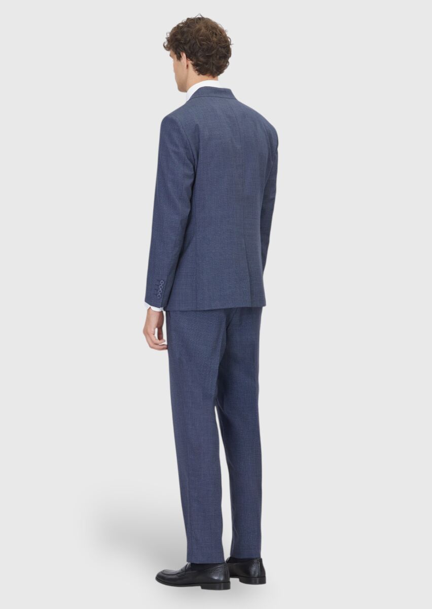 Light Navy Blue Checkered Zeroweight Slim Fit 100% Wool Suit - 6