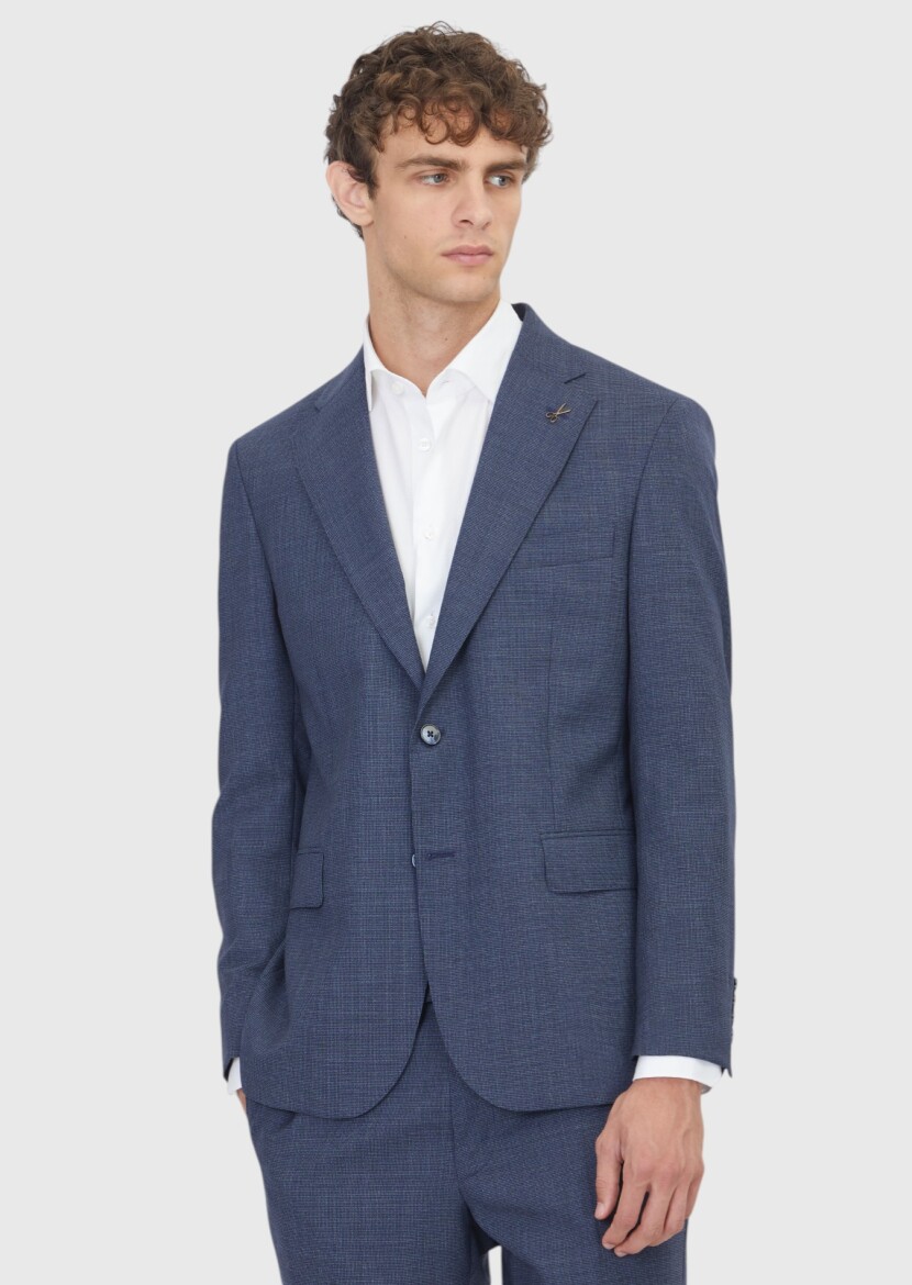 Light Navy Blue Checkered Zeroweight Slim Fit 100% Wool Suit - RAMSEY