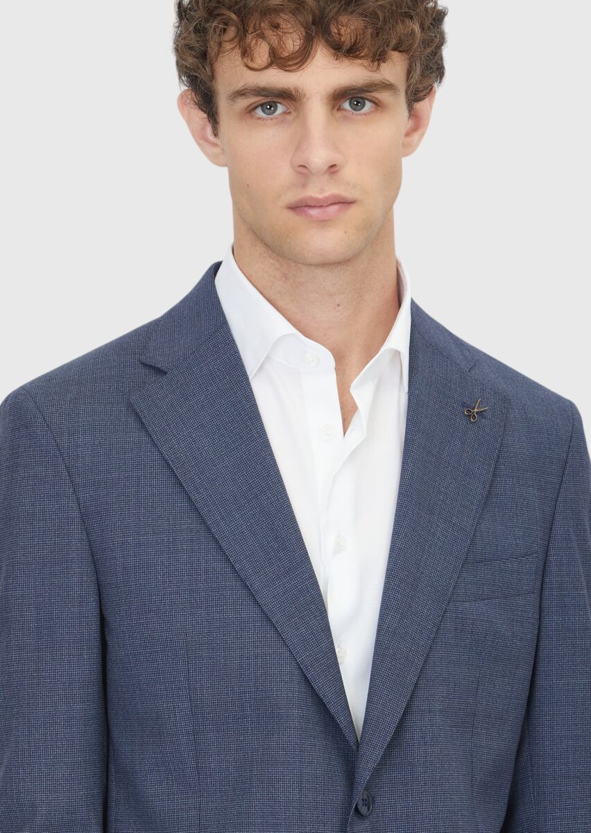 Light Navy Blue Checkered Zeroweight Slim Fit 100% Wool Suit - 3