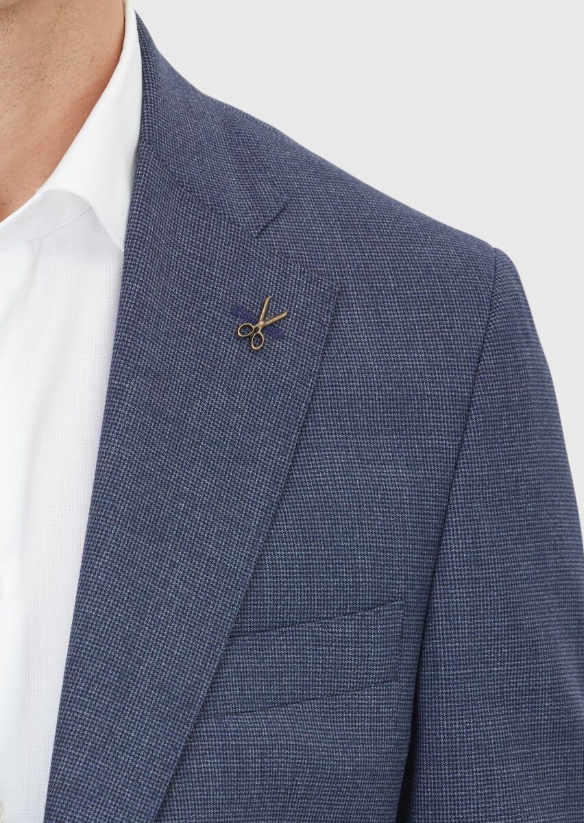 Light Navy Blue Checkered Zeroweight Slim Fit 100% Wool Suit - 4