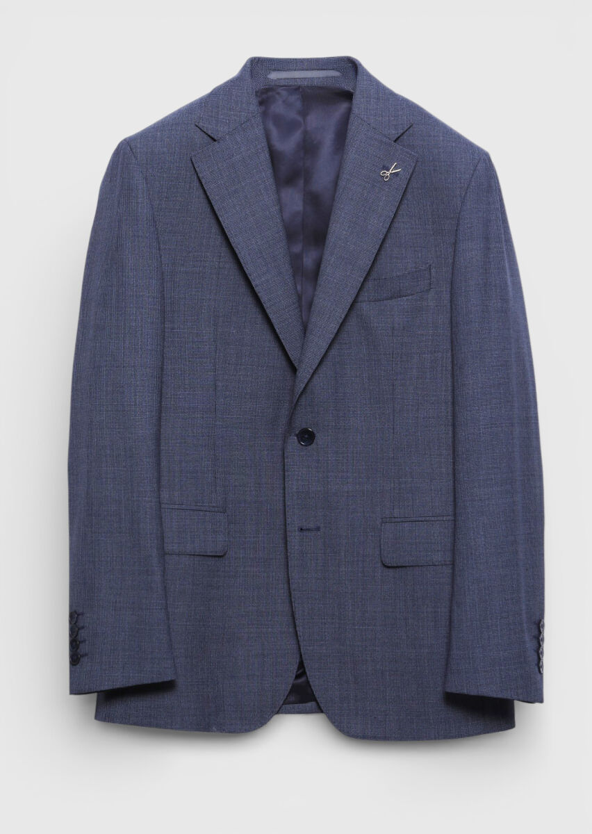 Light Navy Blue Checkered Zeroweight Slim Fit 100% Wool Suit - 7
