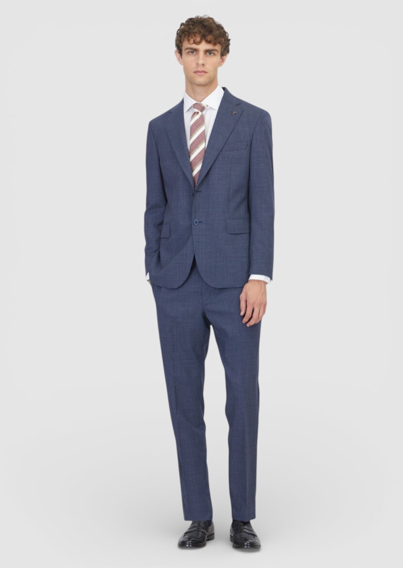 Light Navy Blue Checkered Zeroweight Slim Fit 100% Wool Suit - RAMSEY