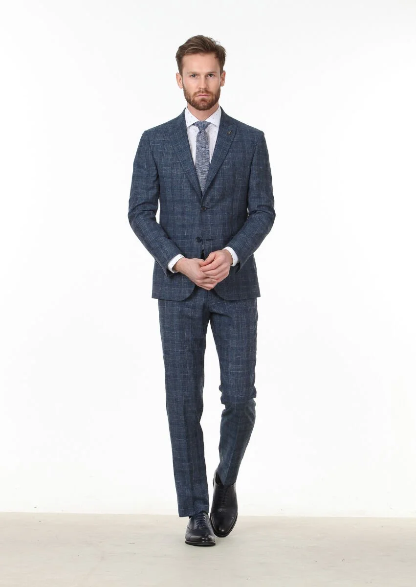 Light Navy Blue Checkered Zeroweight Slim Fit Wool Blended Suit - 3