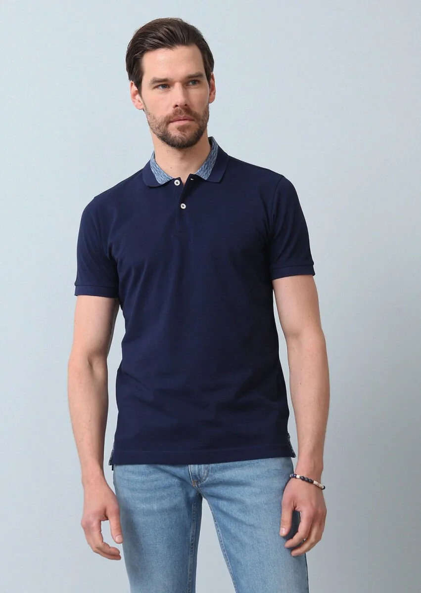 Light Navy Blue Jacquard Polo Neck 100% Cotton T-Shirt - 1