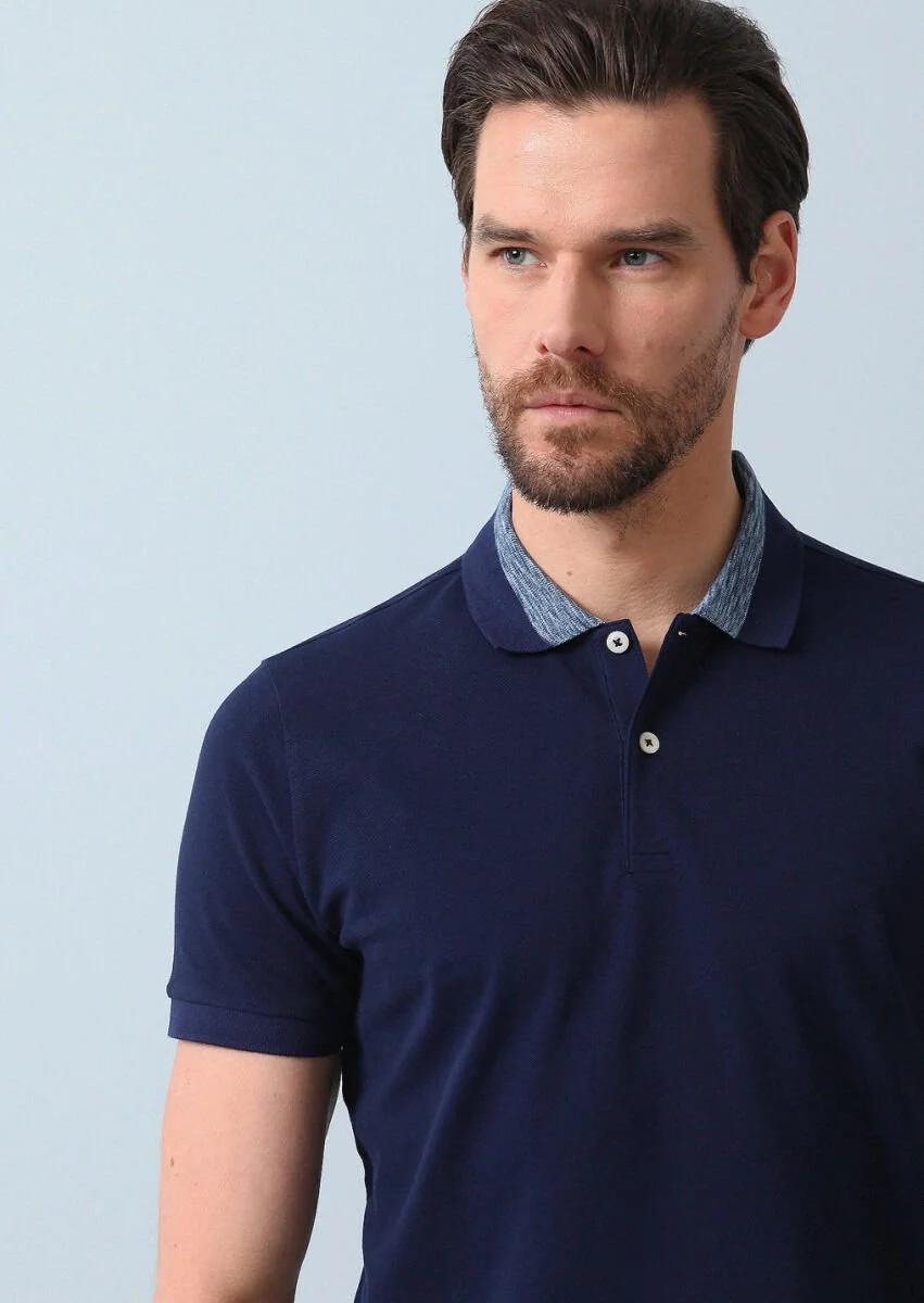 Light Navy Blue Jacquard Polo Neck 100% Cotton T-Shirt - 3