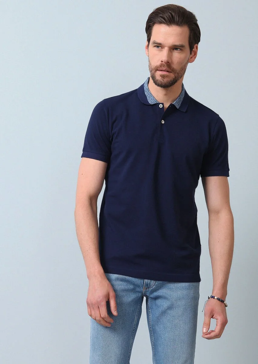 Light Navy Blue Jacquard Polo Neck 100% Cotton T-Shirt - 4