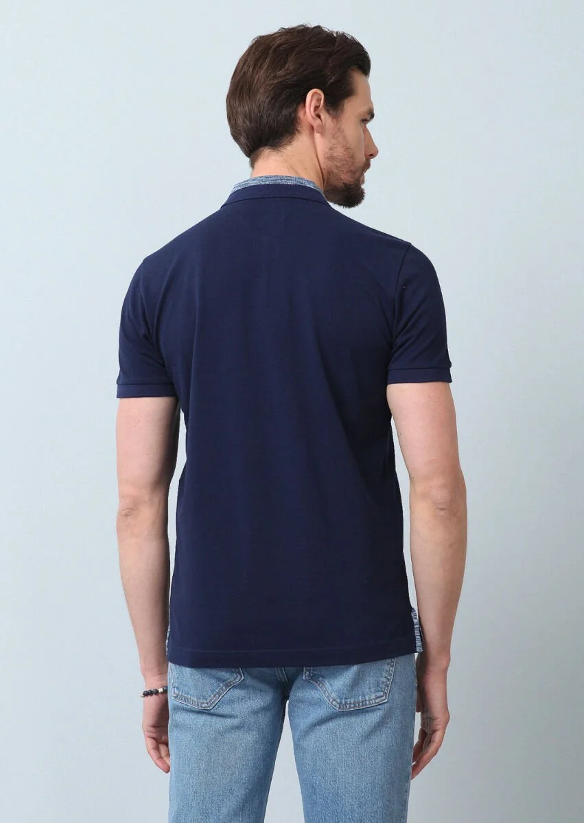 Light Navy Blue Jacquard Polo Neck 100% Cotton T-Shirt - 7