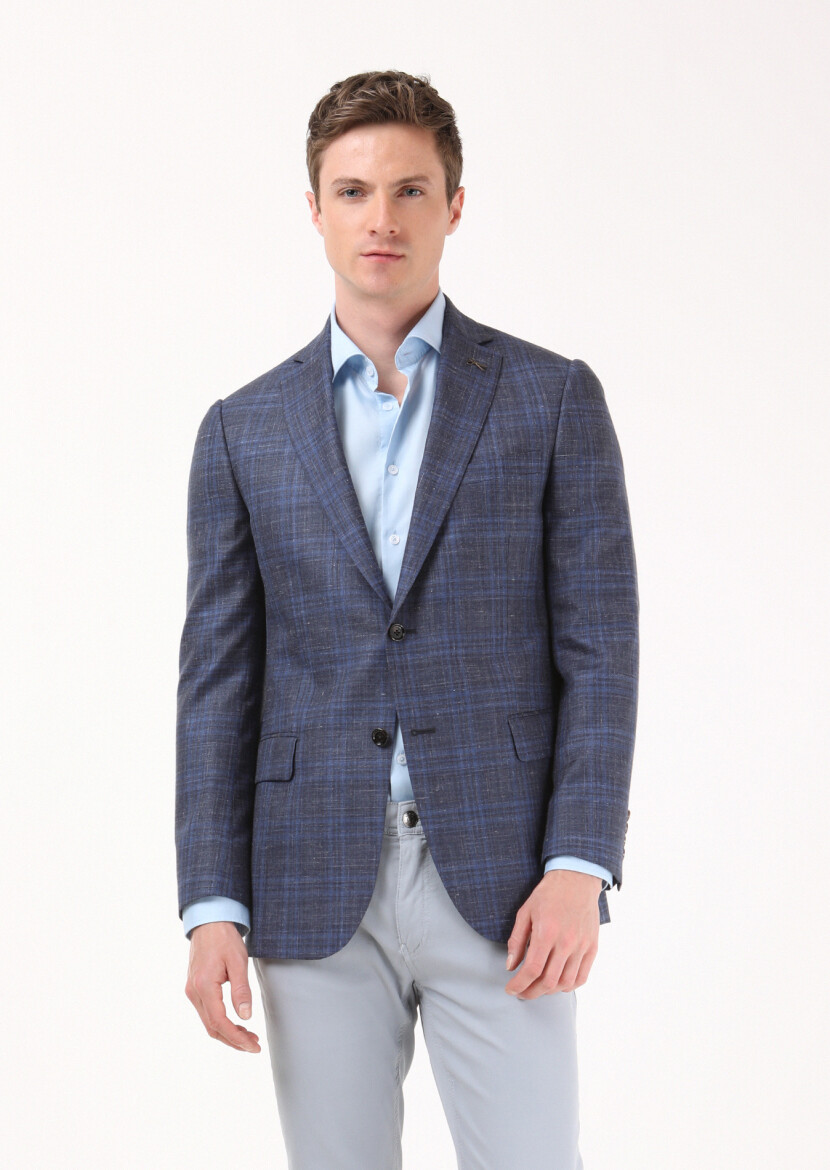 Light Navy Blue Micro Regular Fit Silk Blended Jacket - 2