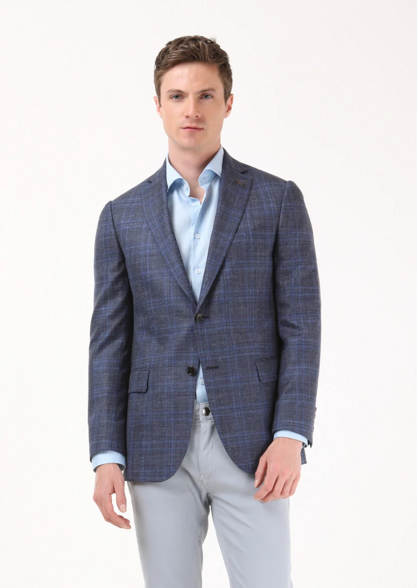 Light Navy Blue Micro Regular Fit Silk Blended Jacket - 2