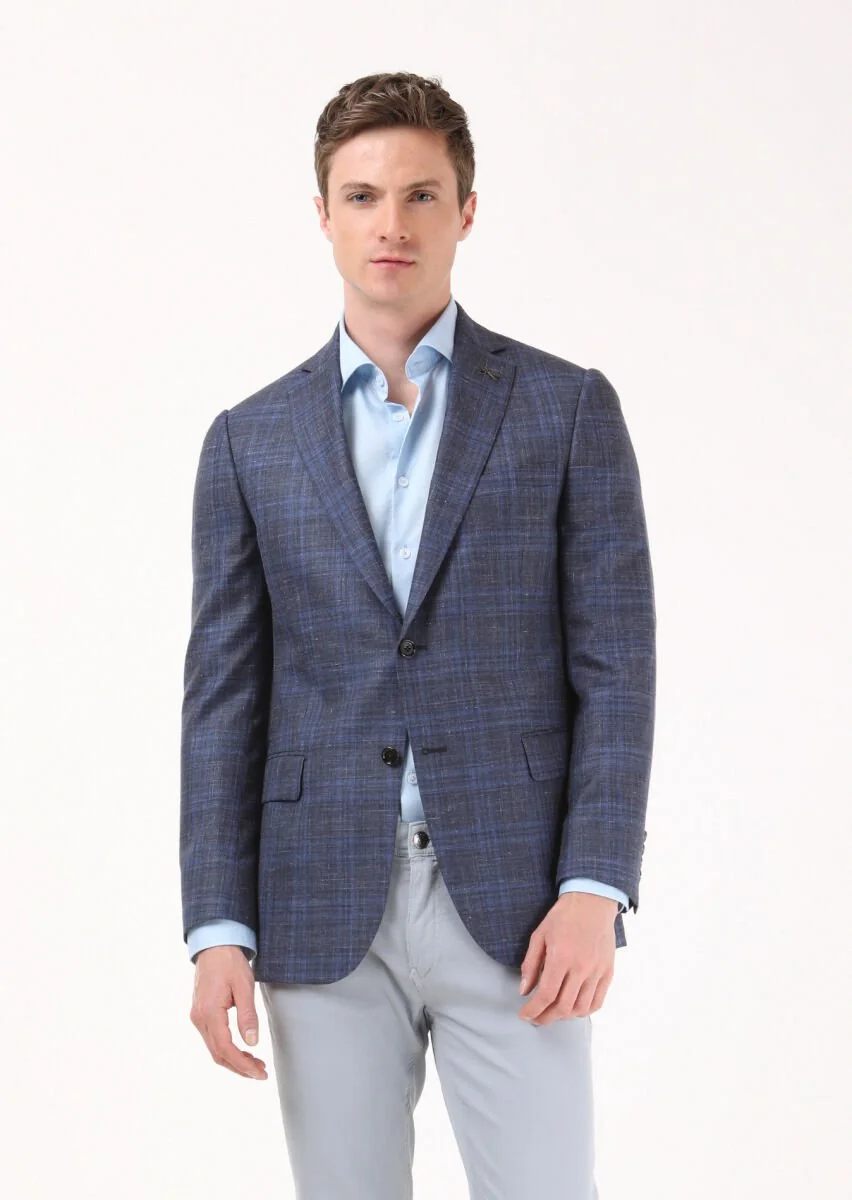 Light Navy Blue Micro Regular Fit Silk Blended Jacket - 2