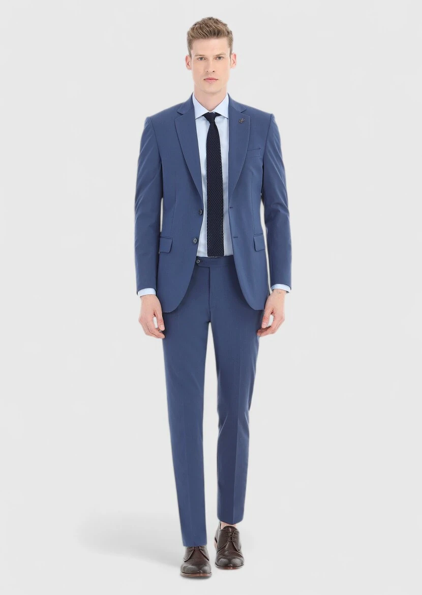 Light Navy Blue Micro Thin&Taller Slim Fit Wool Blended Suit - 1