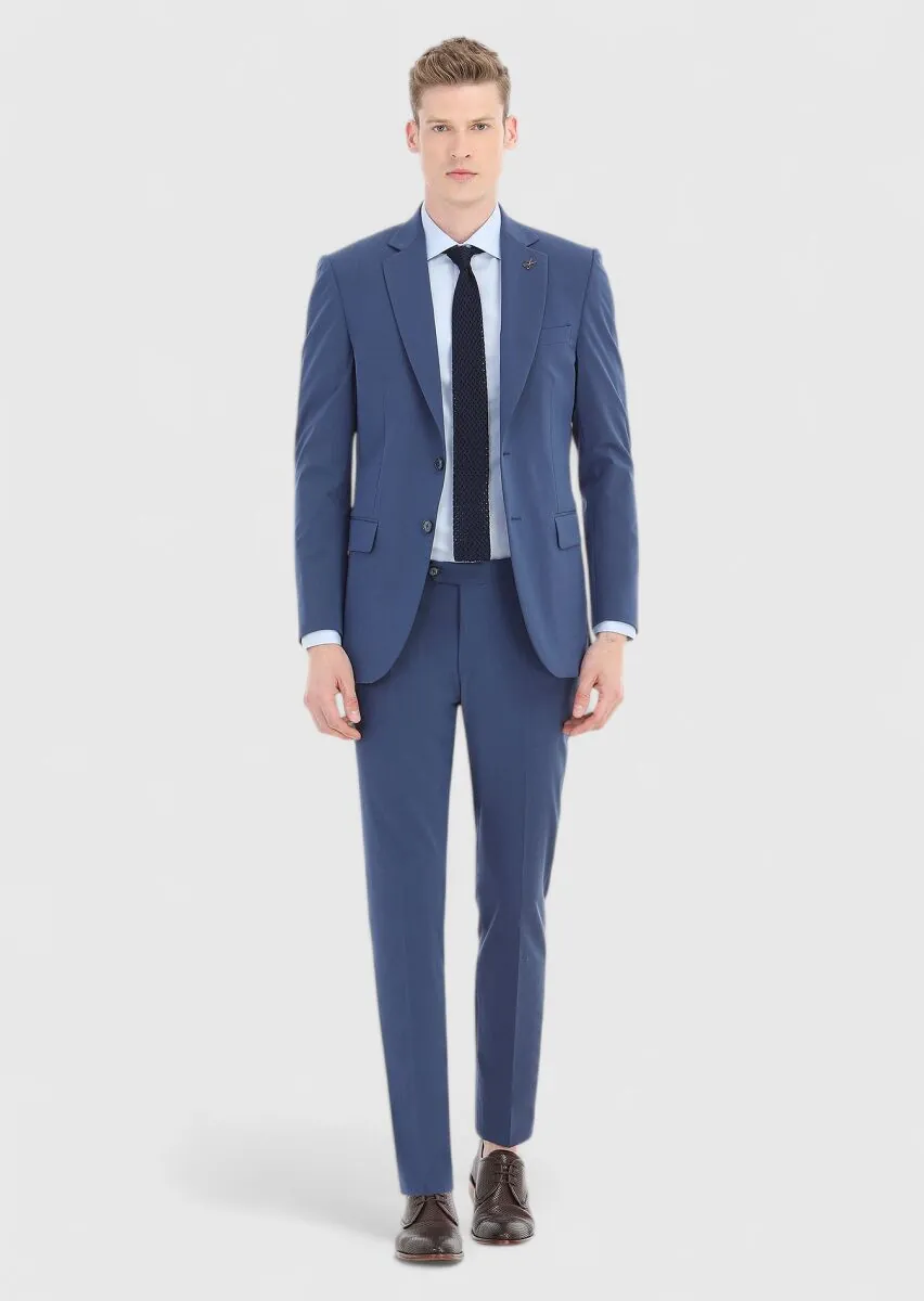 Light Navy Blue Micro Thin&Taller Slim Fit Wool Blended Suit - 1