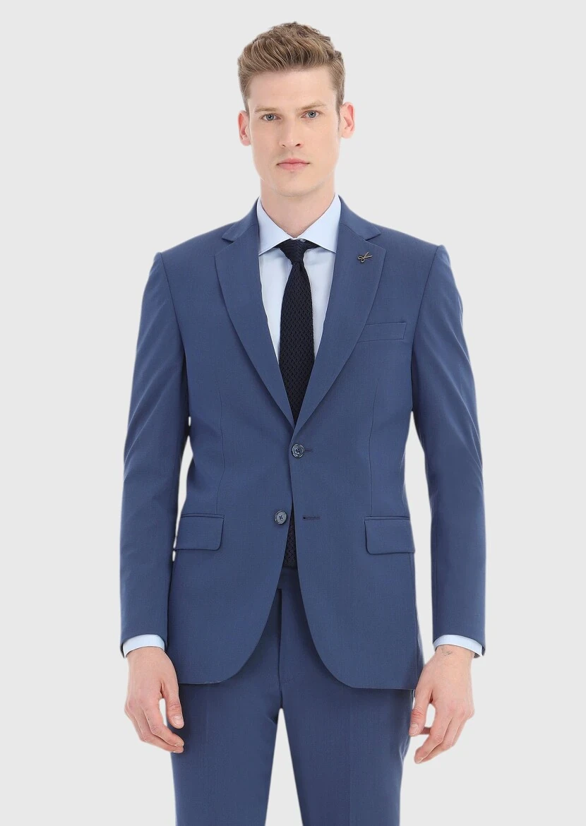 Light Navy Blue Micro Thin&Taller Slim Fit Wool Blended Suit - 2