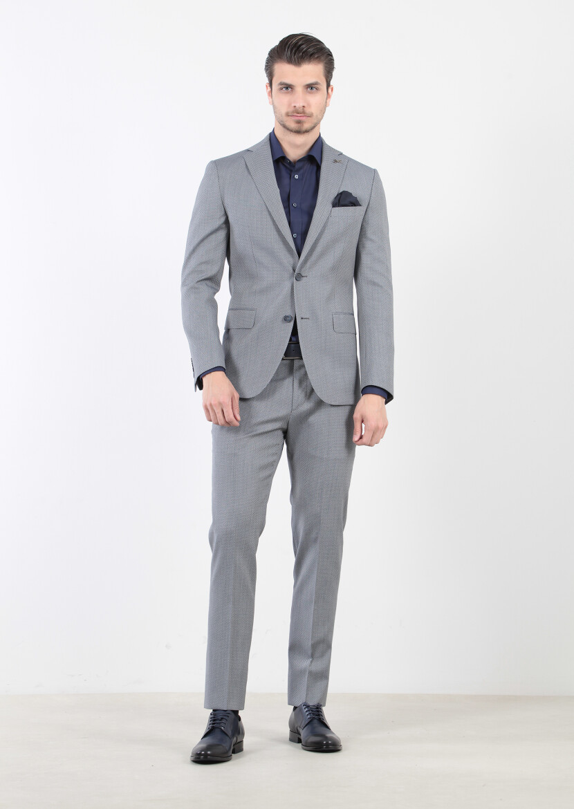 Light Navy Blue Micro Zeroweight Slim Fit Wool Blended Suit - 2