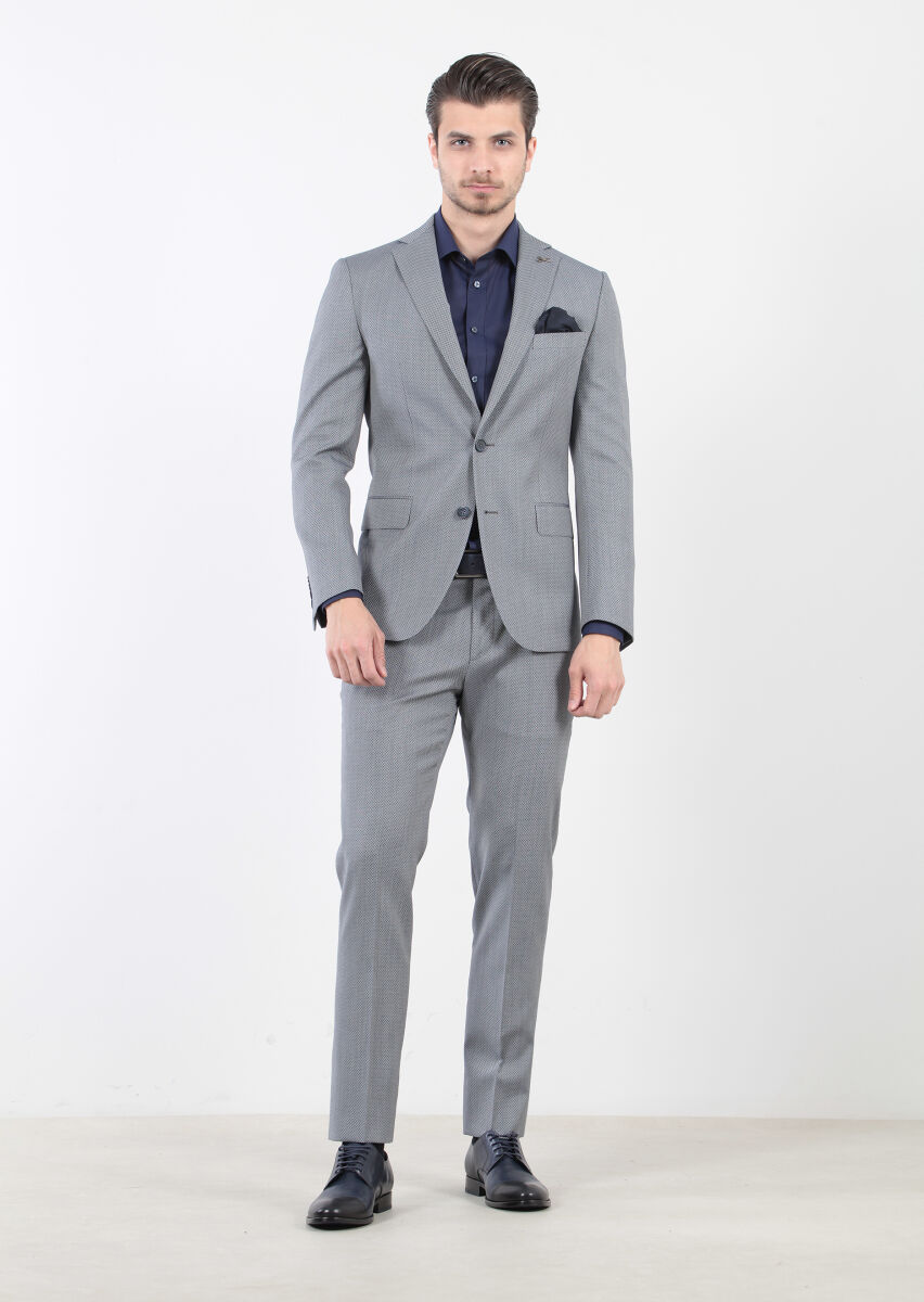 Light Navy Blue Micro Zeroweight Slim Fit Wool Blended Suit - 2