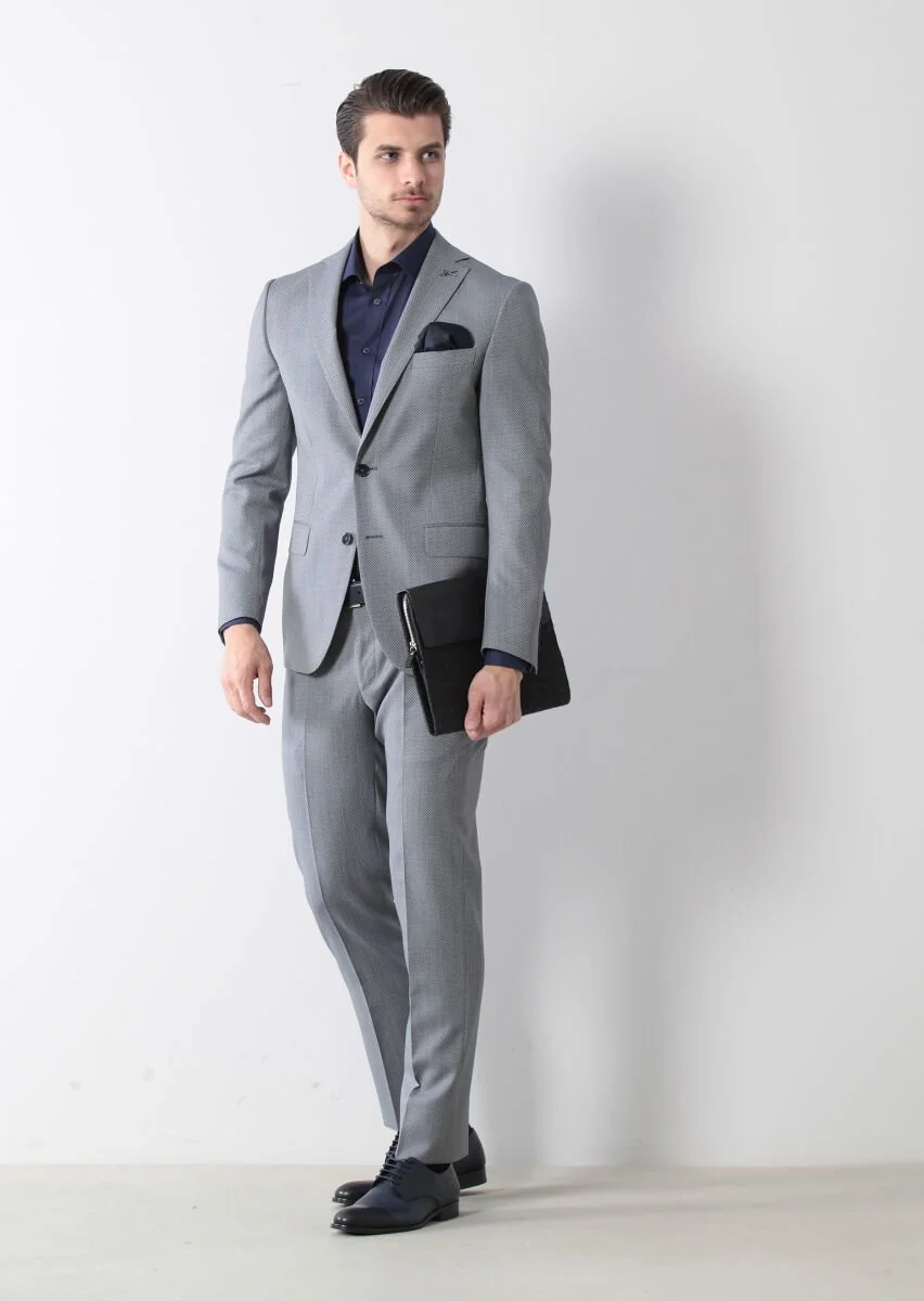 Light Navy Blue Micro Zeroweight Slim Fit Wool Blended Suit - 1