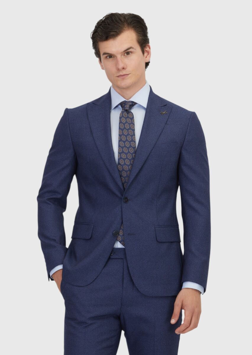 Light Navy Blue Patterned Zeroweight Slim Fit 100% Wool Suit - 1