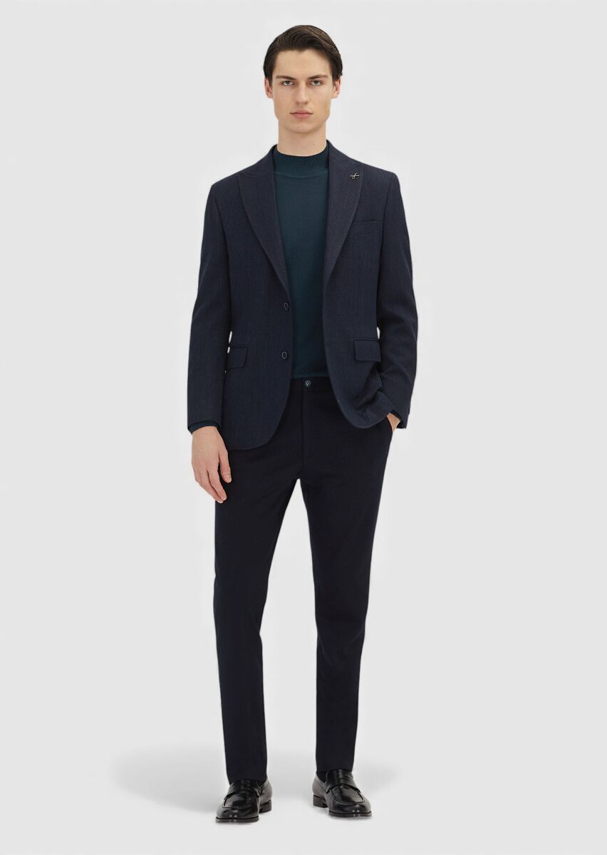 Light Navy Blue Patterned Zeroweight Slim Fit Wool Blended Jacket - 2