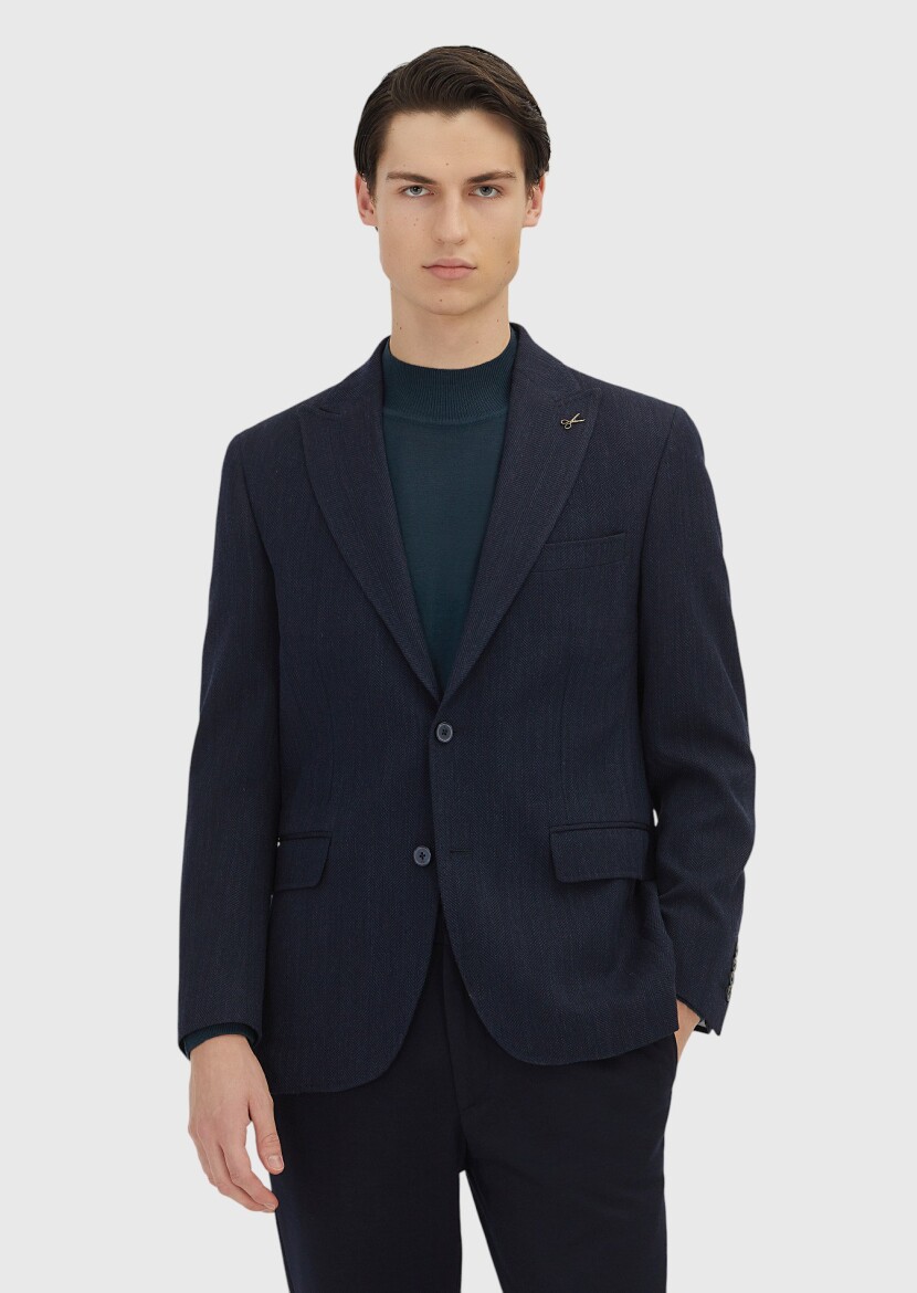Light Navy Blue Patterned Zeroweight Slim Fit Wool Blended Jacket - RAMSEY