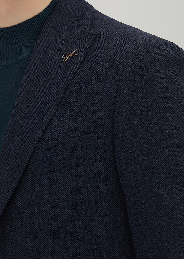 Light Navy Blue Patterned Zeroweight Slim Fit Wool Blended Jacket - 3