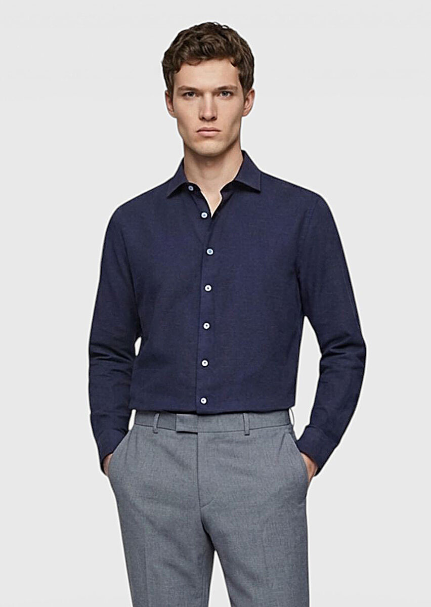 Light Navy Blue Plain Casual Fit Long Weaving Casual 100% Cotton Shirt - 1