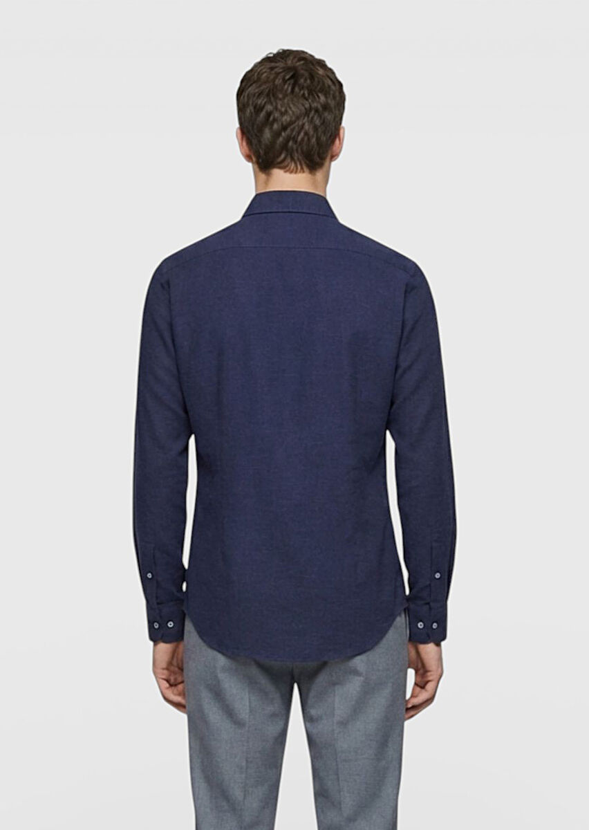 Light Navy Blue Plain Casual Fit Long Weaving Casual 100% Cotton Shirt - 4