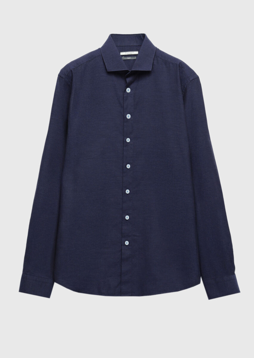 Light Navy Blue Plain Casual Fit Long Weaving Casual 100% Cotton Shirt - 5