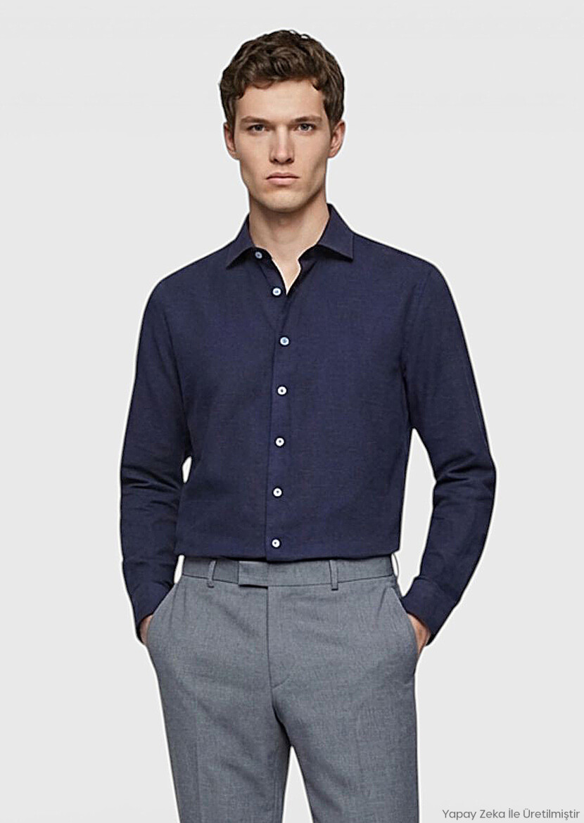 Light Navy Blue Plain Casual Fit Long Weaving Casual 100% Cotton Shirt 