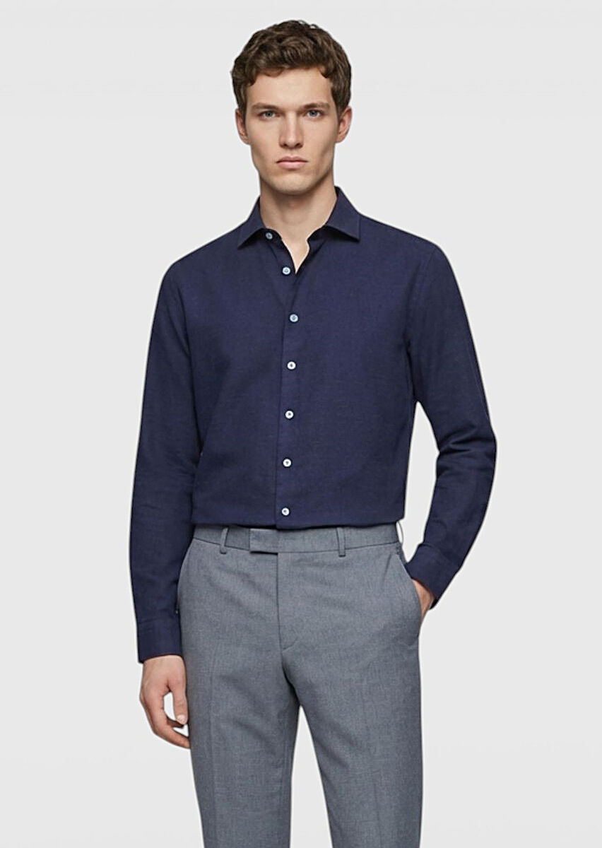 Light Navy Blue Plain Casual Fit Weaving Casual 100% Cotton Shirt - 3