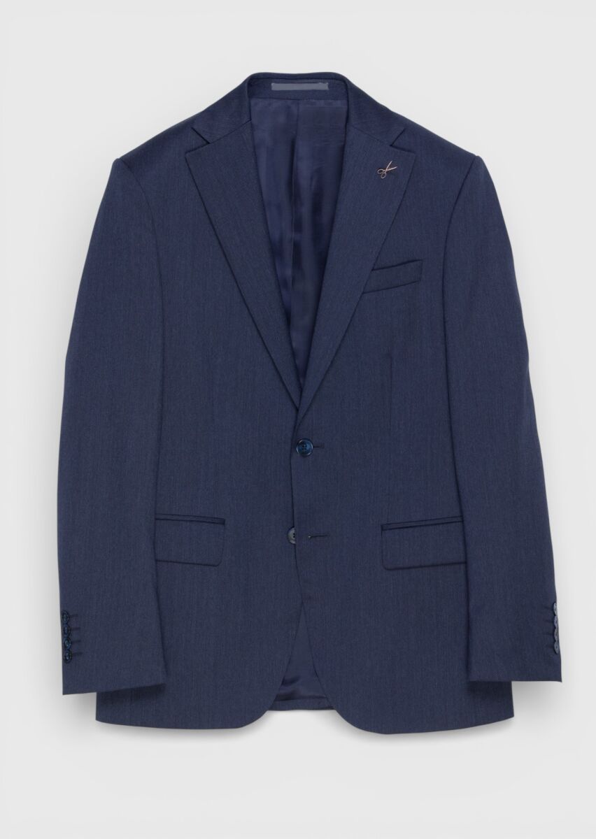 Light Navy Blue Plain Modern Fit 100% Wool Suit - 1