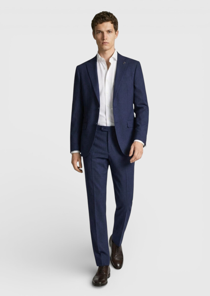 Light Navy Blue Plain Modern Fit 100% Wool Suit - RAMSEY