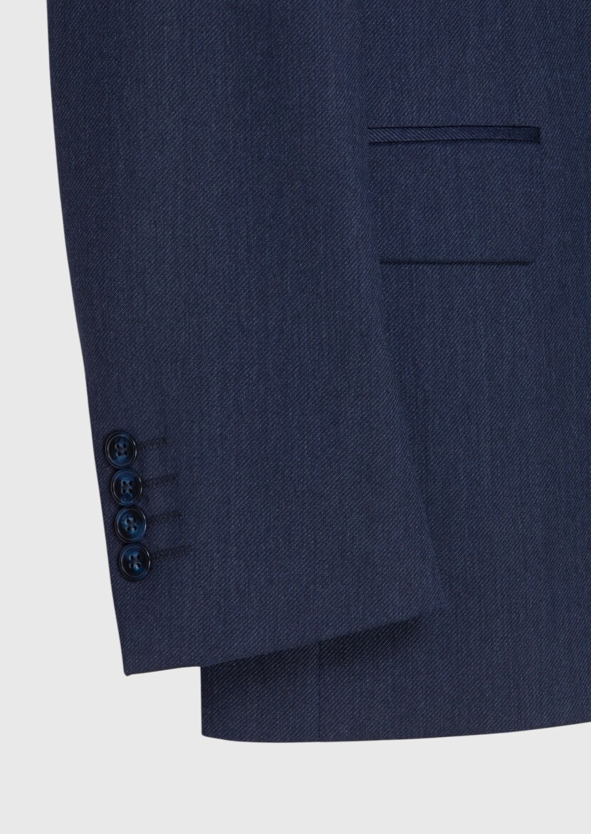Light Navy Blue Plain Modern Fit 100% Wool Suit - 7