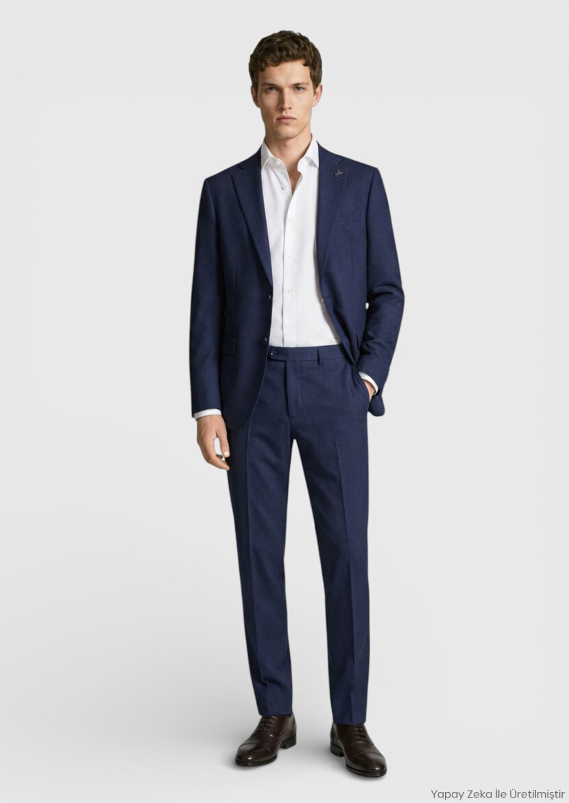 Light Navy Blue Plain Modern Fit 100% Wool Suit - RAMSEY