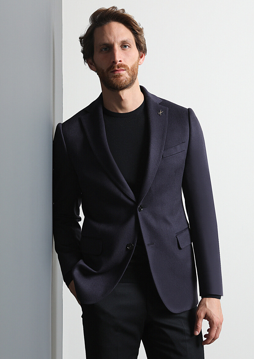 Light Navy Blue Plain Regular Fit 100% Cashmire Jacket - 1
