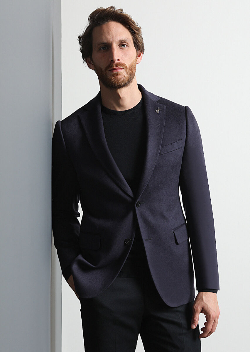 Light Navy Blue Plain Regular Fit 100% Cashmire Jacket - 1