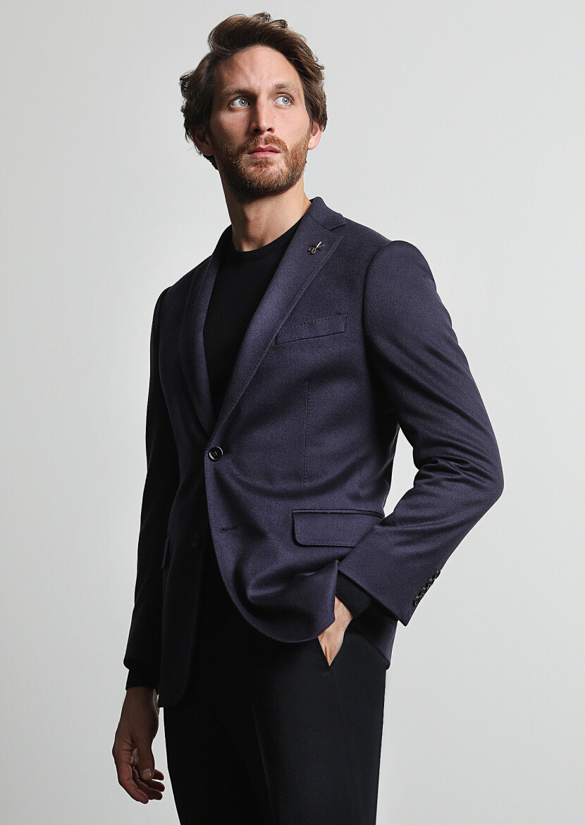 Light Navy Blue Plain Regular Fit 100% Cashmire Jacket 