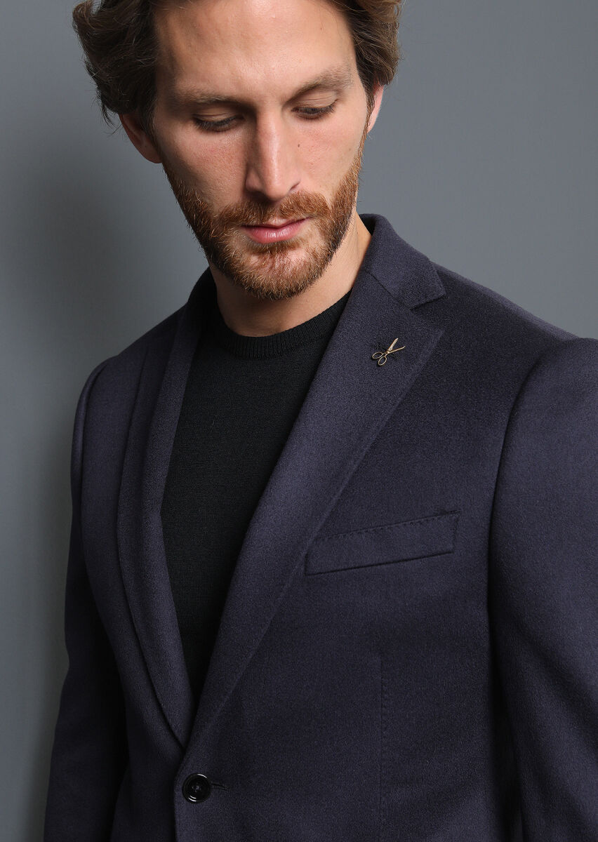 Light Navy Blue Plain Regular Fit 100% Cashmire Jacket - 3