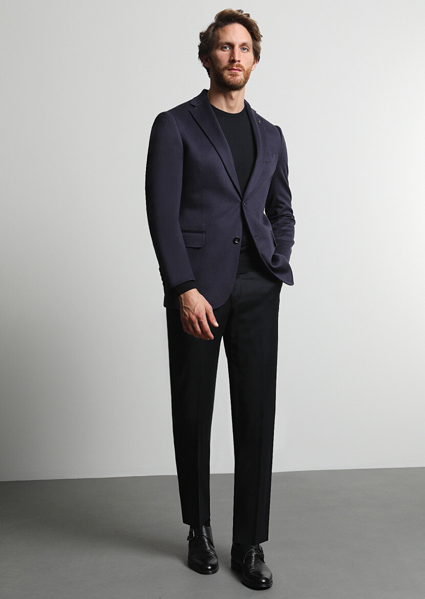 Light Navy Blue Plain Regular Fit 100% Cashmire Jacket - 4