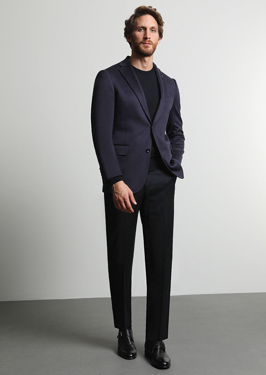 Light Navy Blue Plain Regular Fit 100% Cashmire Jacket - 4