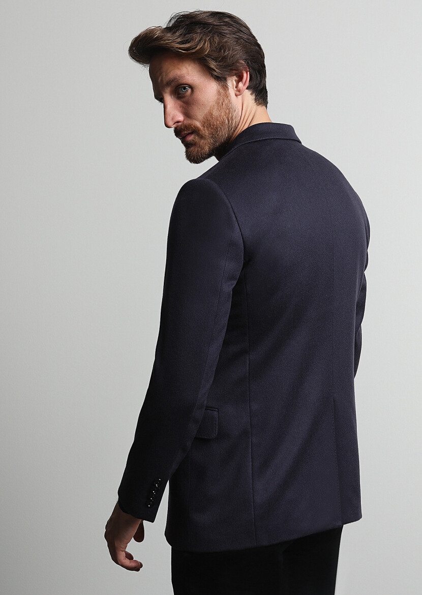 Light Navy Blue Plain Regular Fit 100% Cashmire Jacket - 5