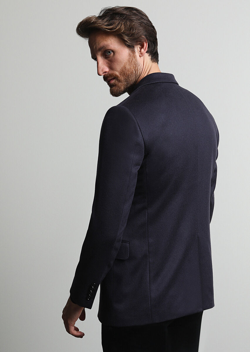 Light Navy Blue Plain Regular Fit 100% Cashmire Jacket - 5