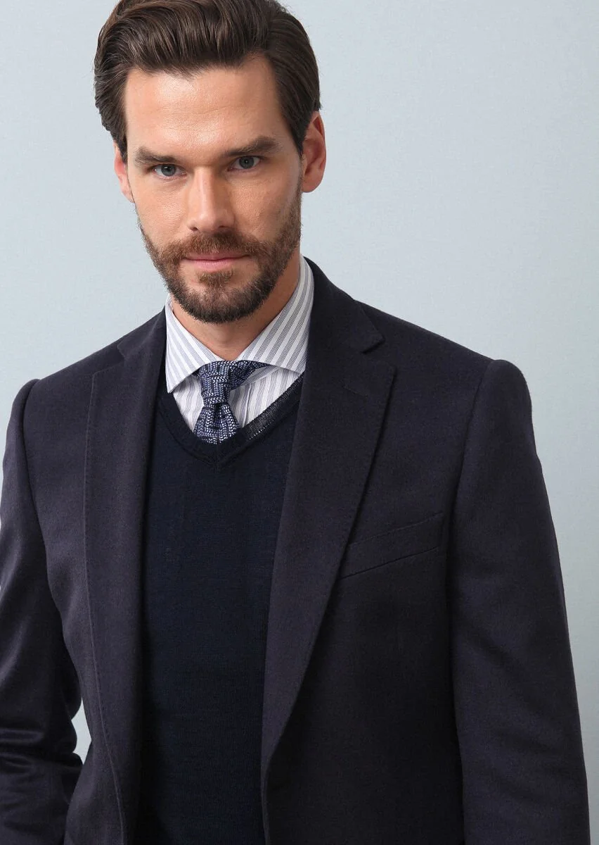 Light Navy Blue Plain Regular Fit 100% Cashmire Jacket - 1