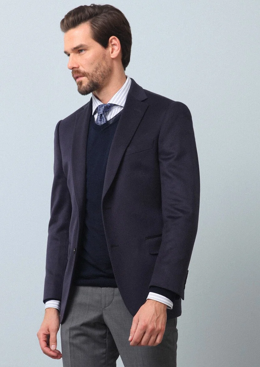 Light Navy Blue Plain Regular Fit 100% Cashmire Jacket - 2