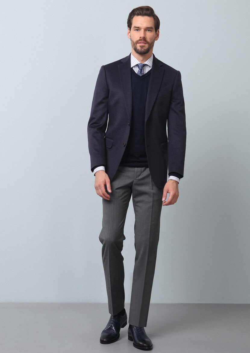 Light Navy Blue Plain Regular Fit 100% Cashmire Jacket - 4