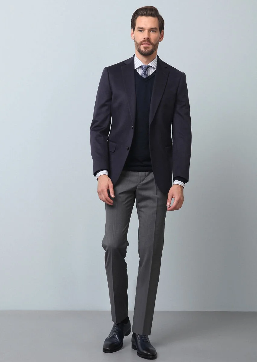Light Navy Blue Plain Regular Fit 100% Cashmire Jacket - 4