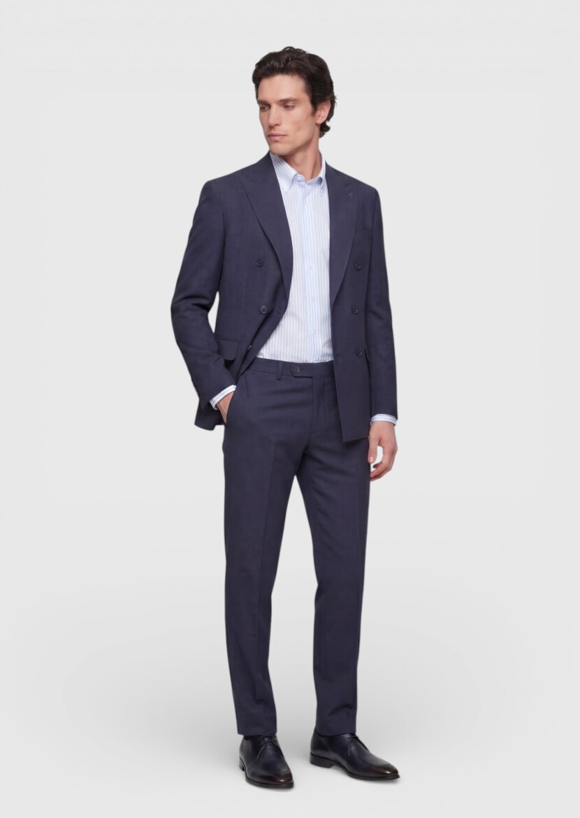 Light Navy Blue Plain Zeroweight Slim Fit Silk Blended Suit - 4
