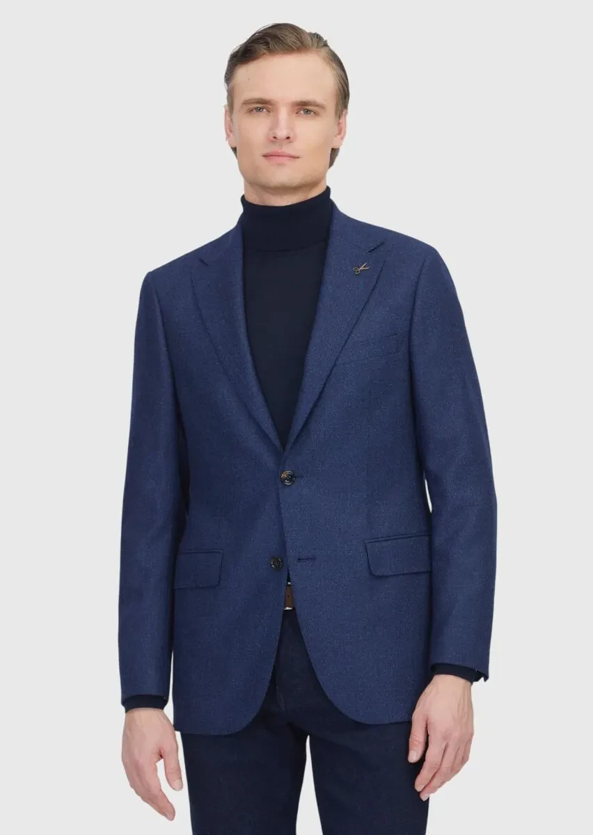 Light Navy Blue Regular Fit Silk Blended Jacket - 1