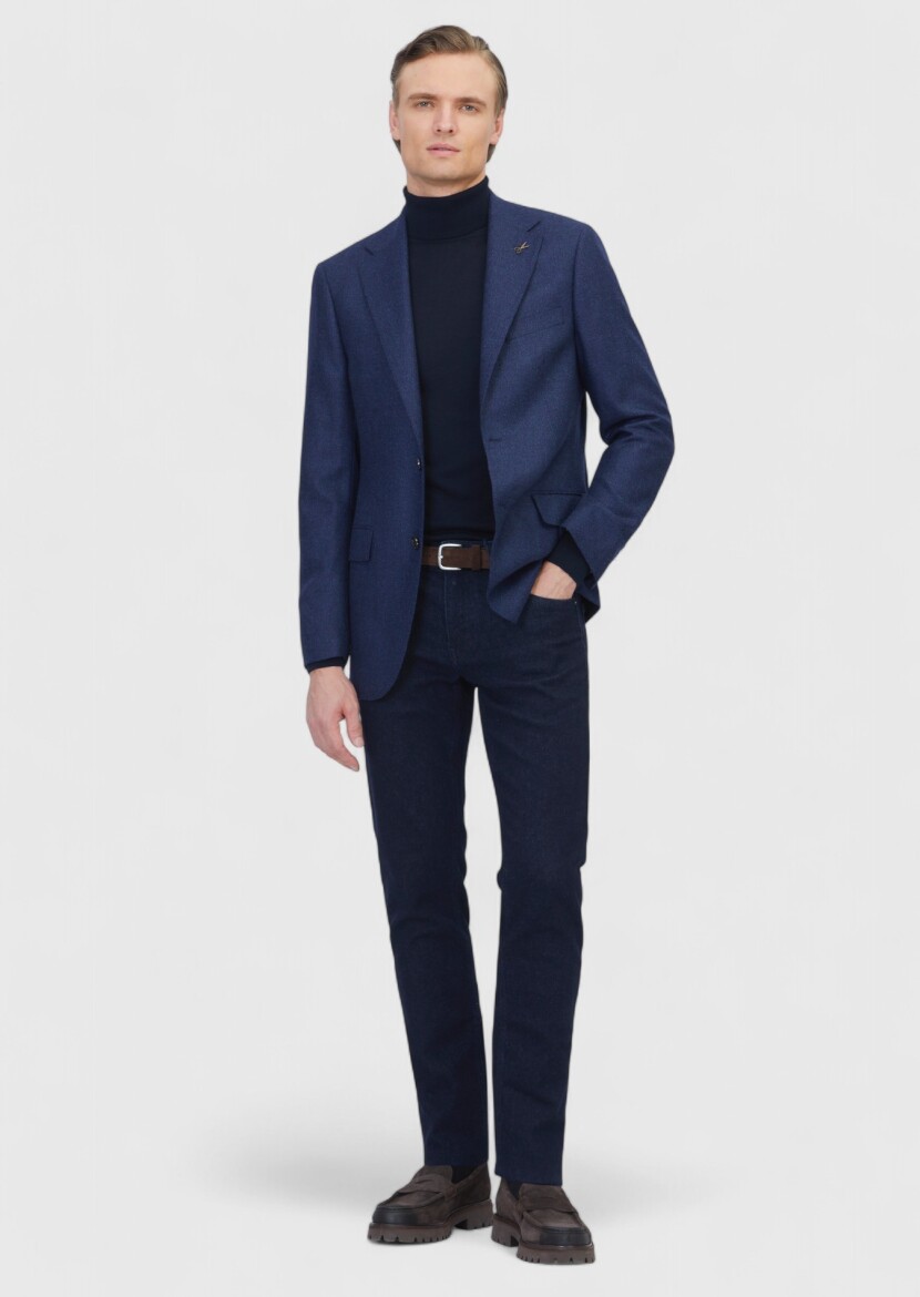 Light Navy Blue Regular Fit Silk Blended Jacket - RAMSEY