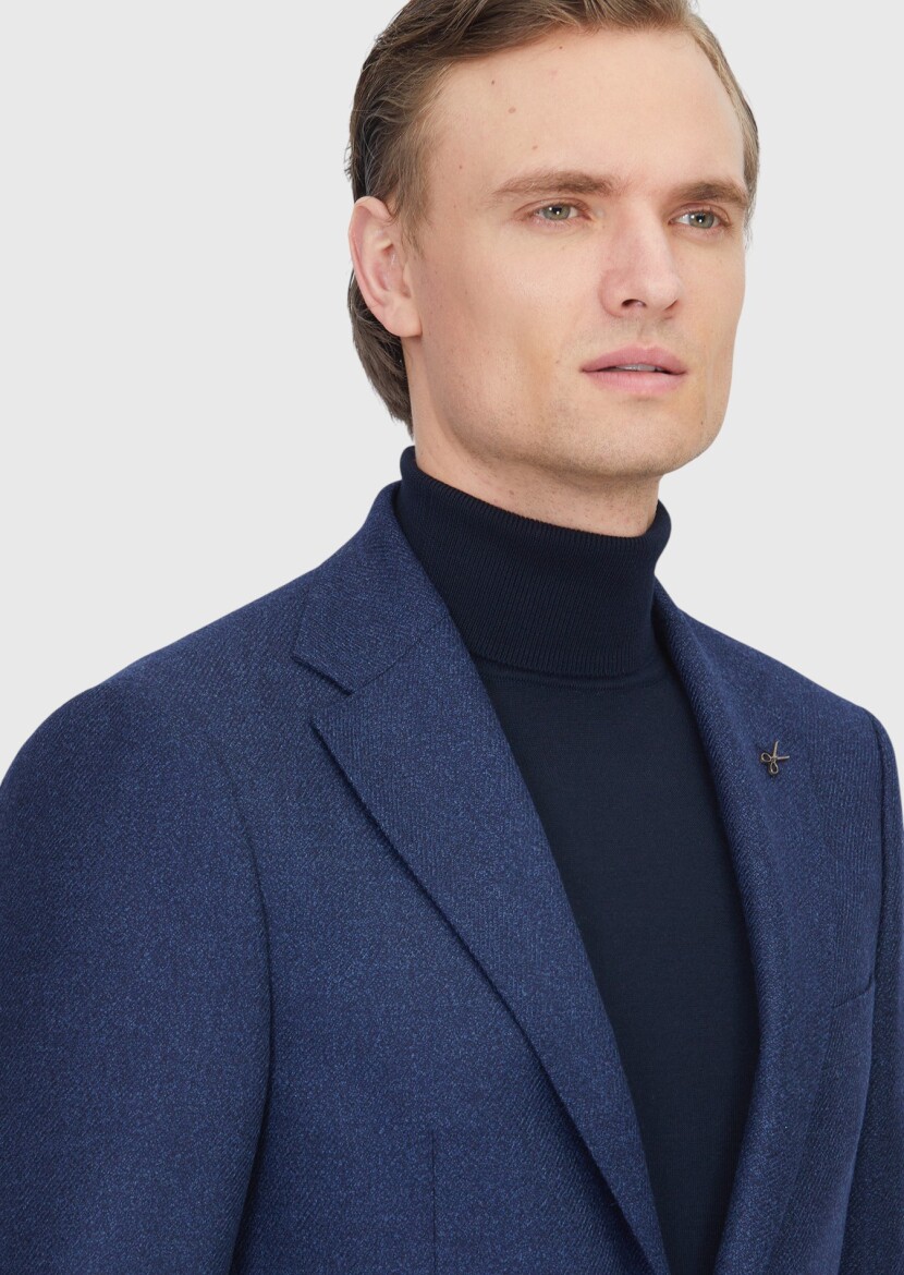 Light Navy Blue Regular Fit Silk Blended Jacket - 3