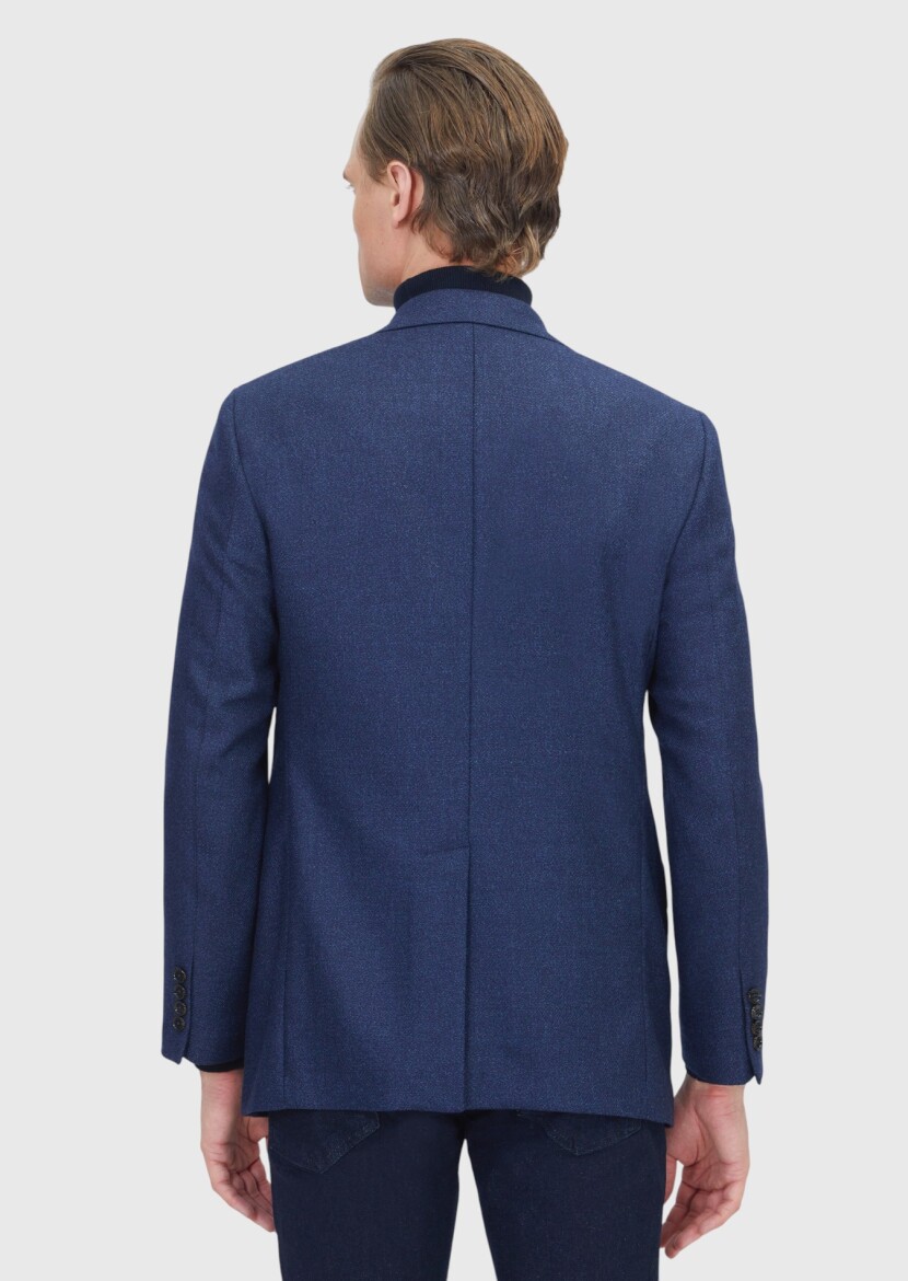 Light Navy Blue Regular Fit Silk Blended Jacket - 7